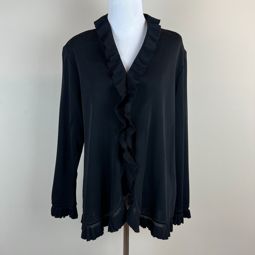 Exclusively Misook Cardigan Topper Womens MP Black Ruffle Trim Long Sleeve Knit